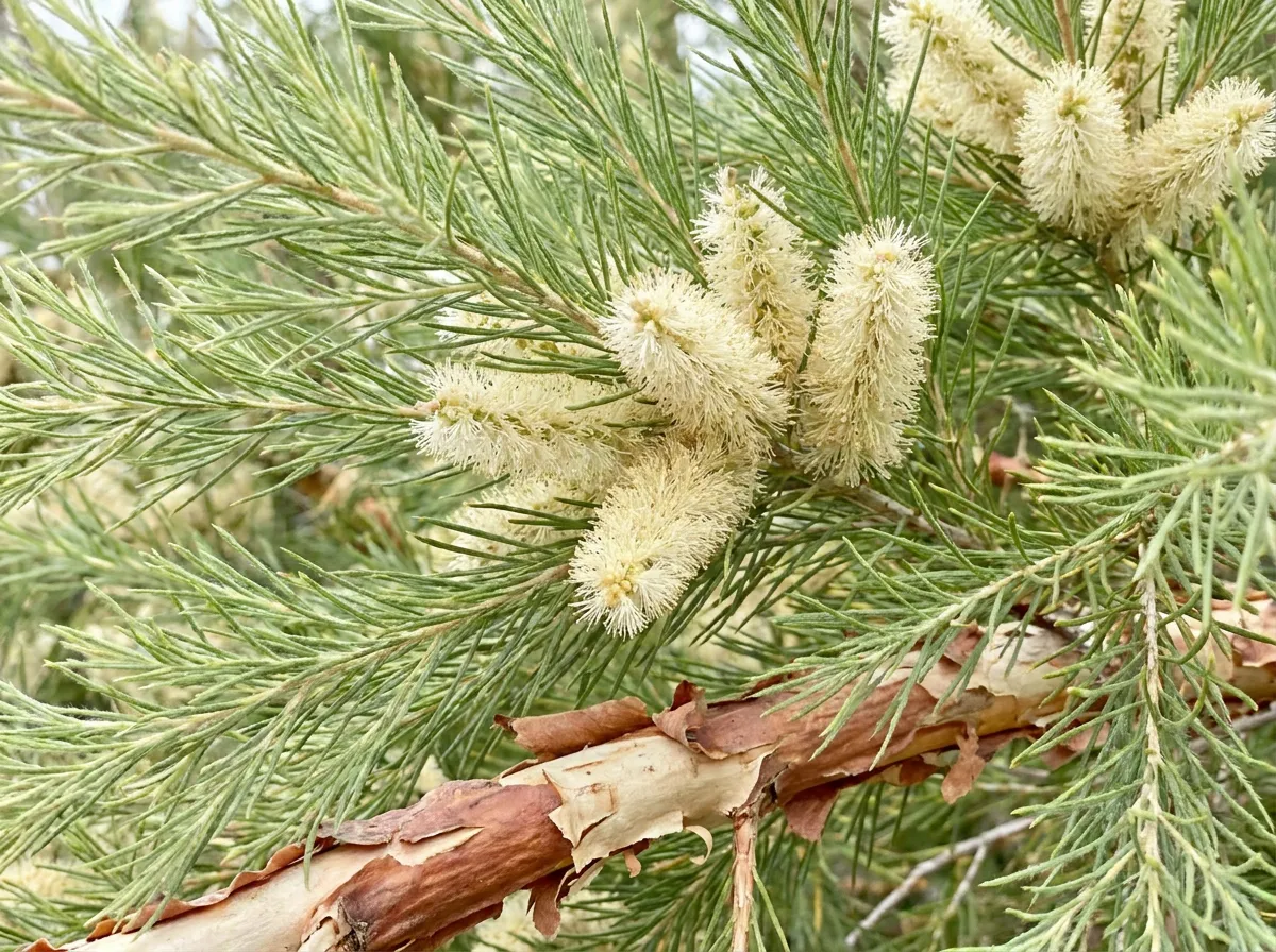 Fine soft foliage of a rosalina paperbark shrub growing in wet ground