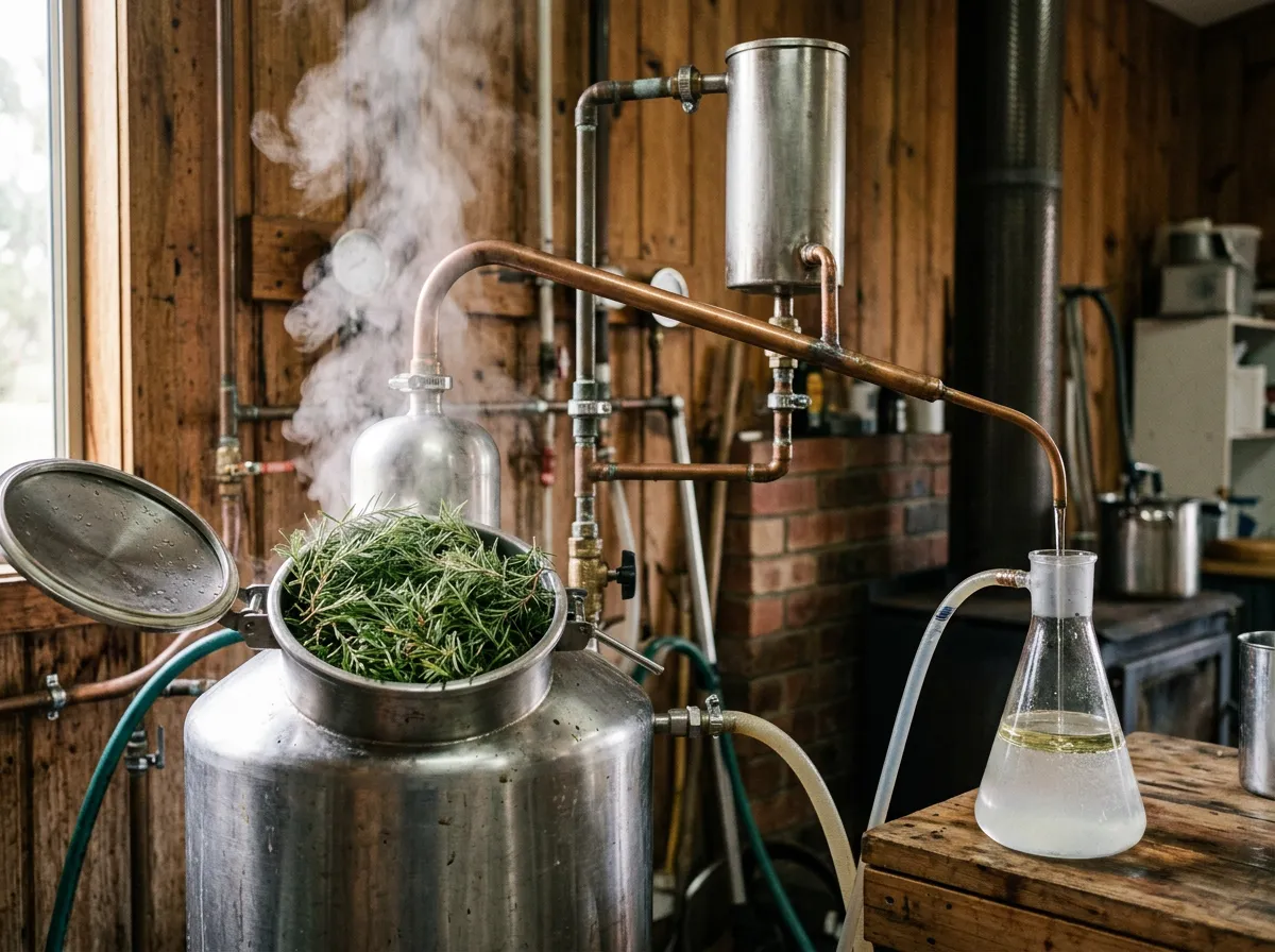 Fresh rosalina foliage packed into a stainless still in a small distillery